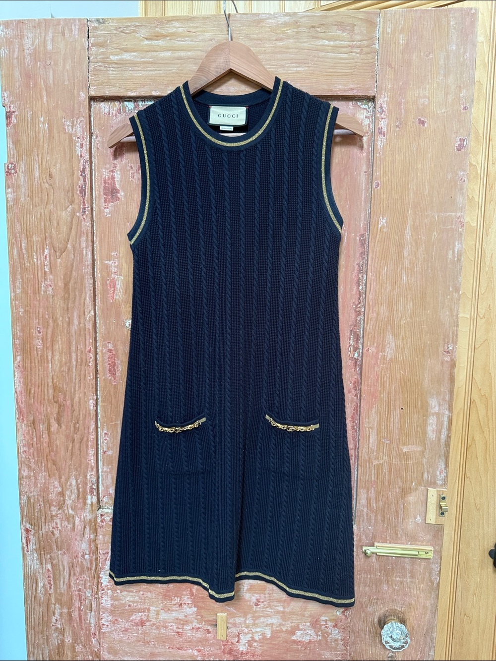 Gucci Navy Sleeveless Knit Mini Dress with Gold Trim